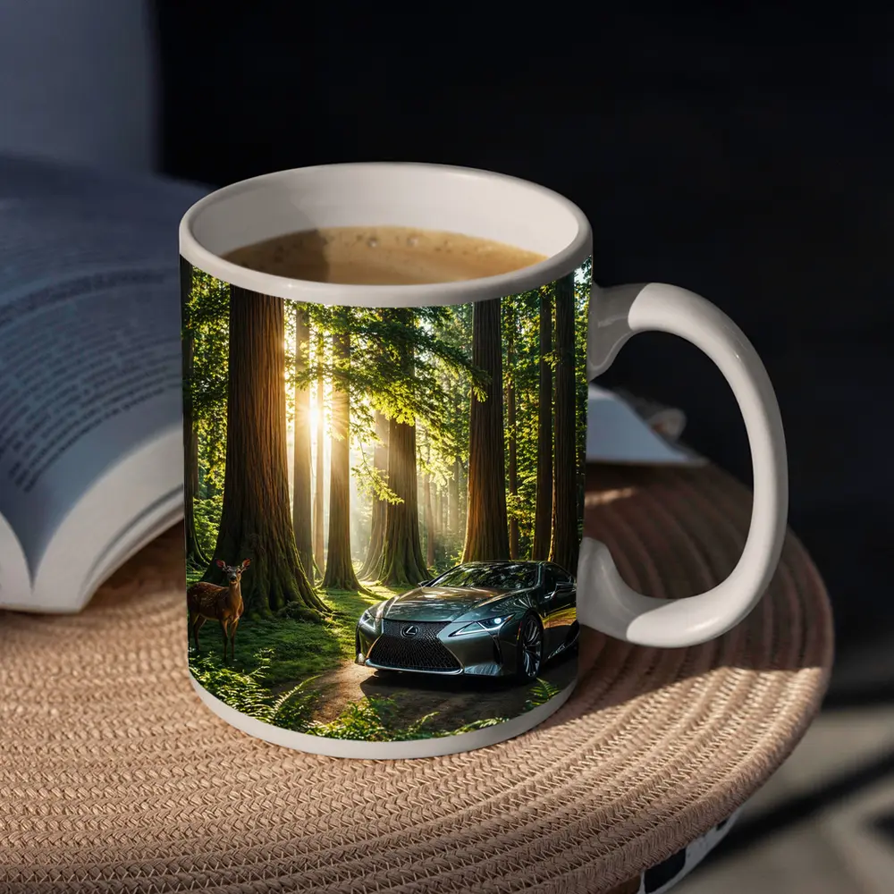 Lexus LC Coupe Parked In Sunlit Forest – Mugs