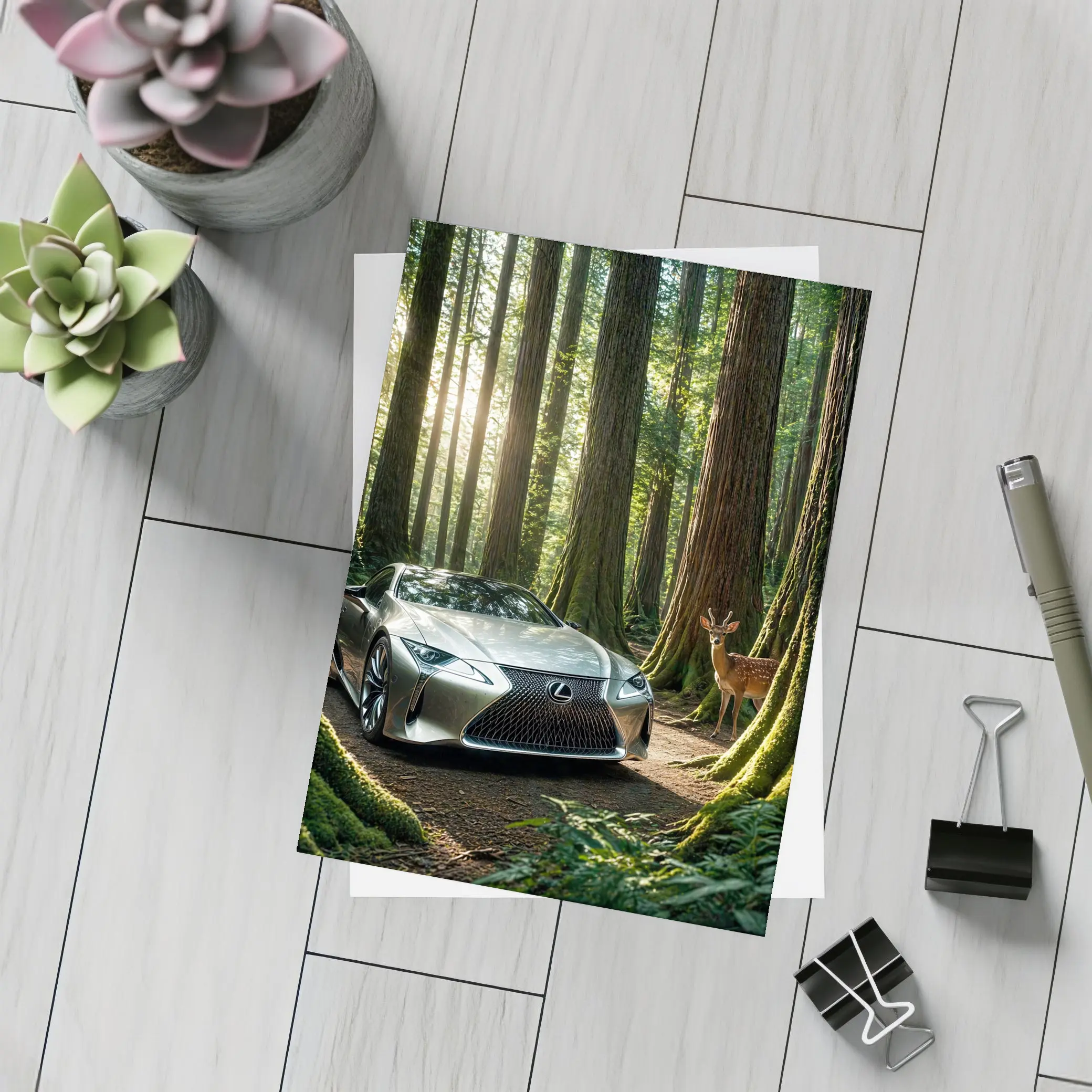 Lexus LC Silver Sports Car Forest Deer – Postcards