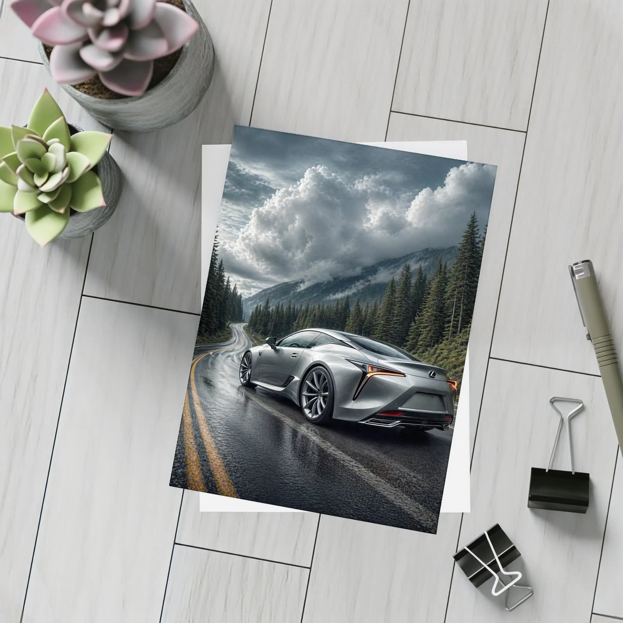 Lexus LC Silver Coupe Rainy Mountain Road – Postcards