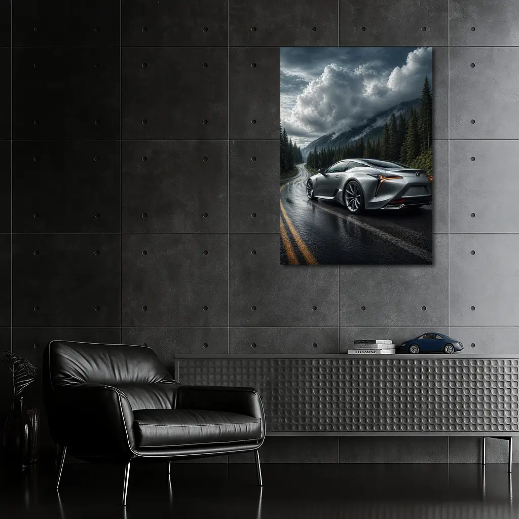 Lexus LC Silver Coupe Rainy Mountain Road – Wall Art
