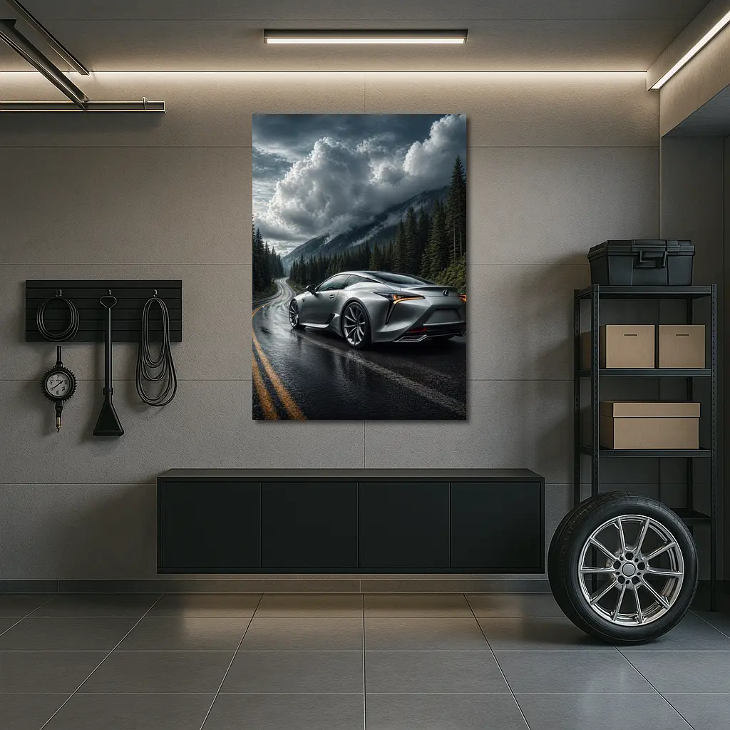 Lexus LC Silver Coupe Rainy Mountain Road – Wall Art