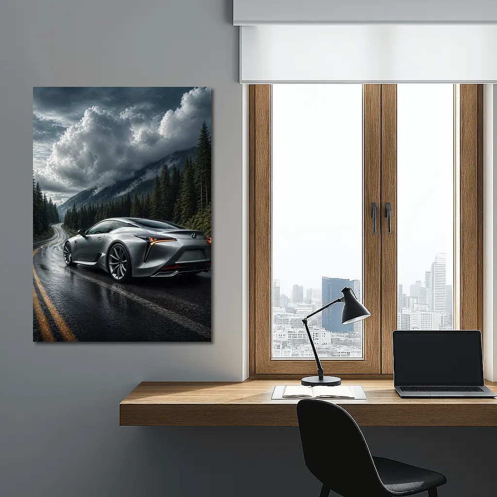 Lexus LC Silver Coupe Rainy Mountain Road – Wall Art