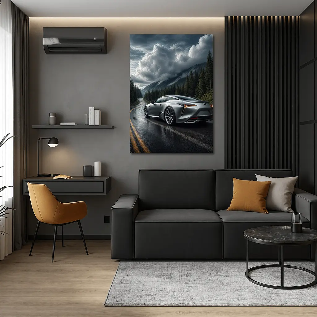 Lexus LC Silver Coupe Rainy Mountain Road – Wall Art