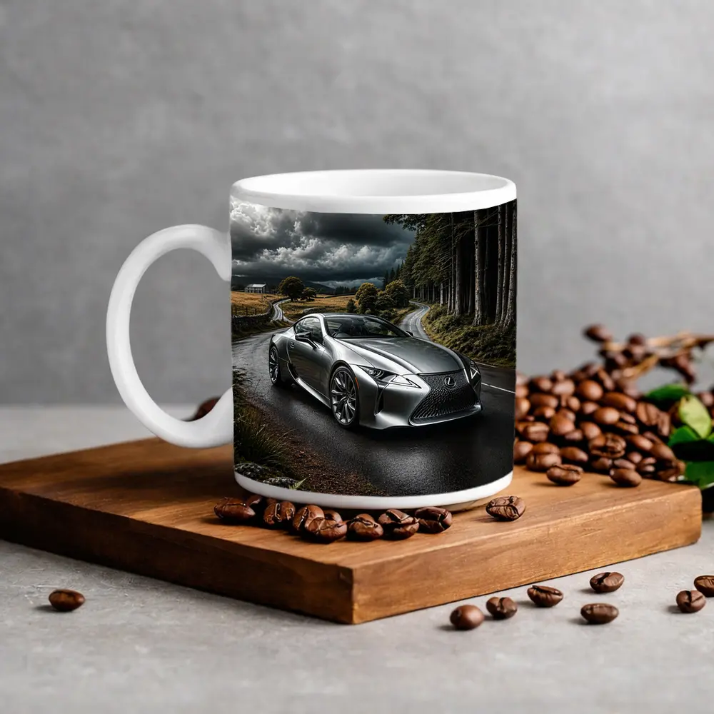 Lexus LC Silver Coupe Stormy Country Road – Mugs