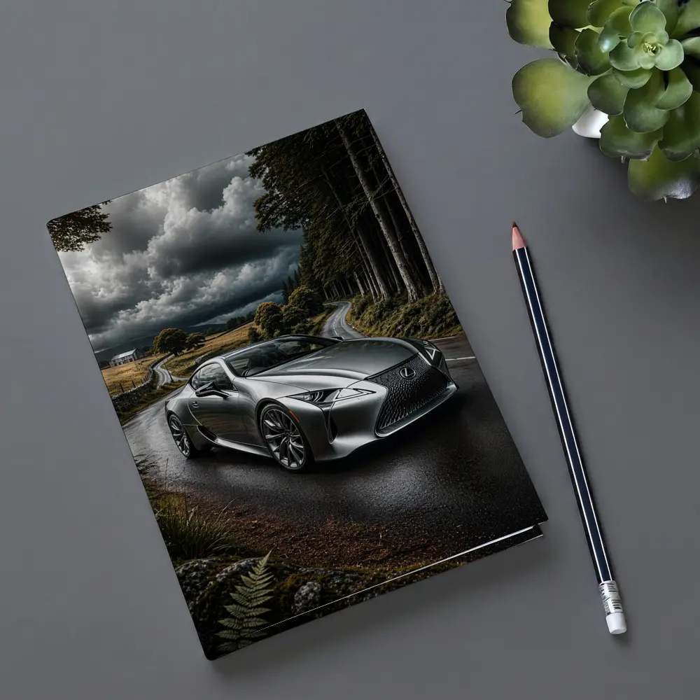 Lexus LC Silver Coupe Stormy Country Road – Notebooks