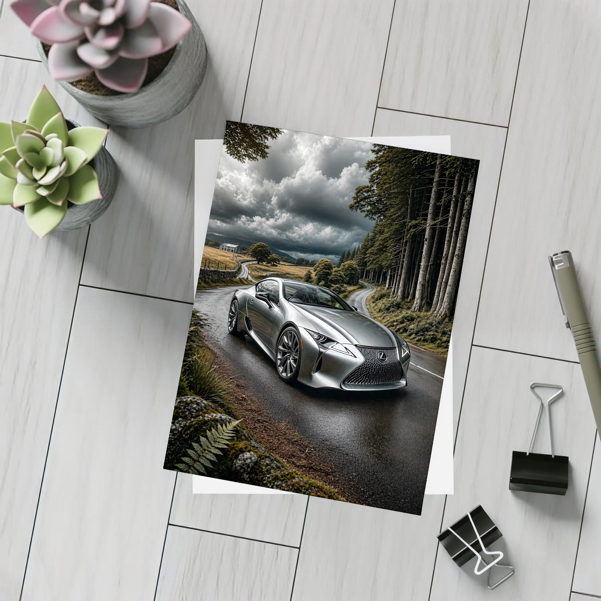 Lexus LC Silver Coupe Stormy Country Road – Postcards