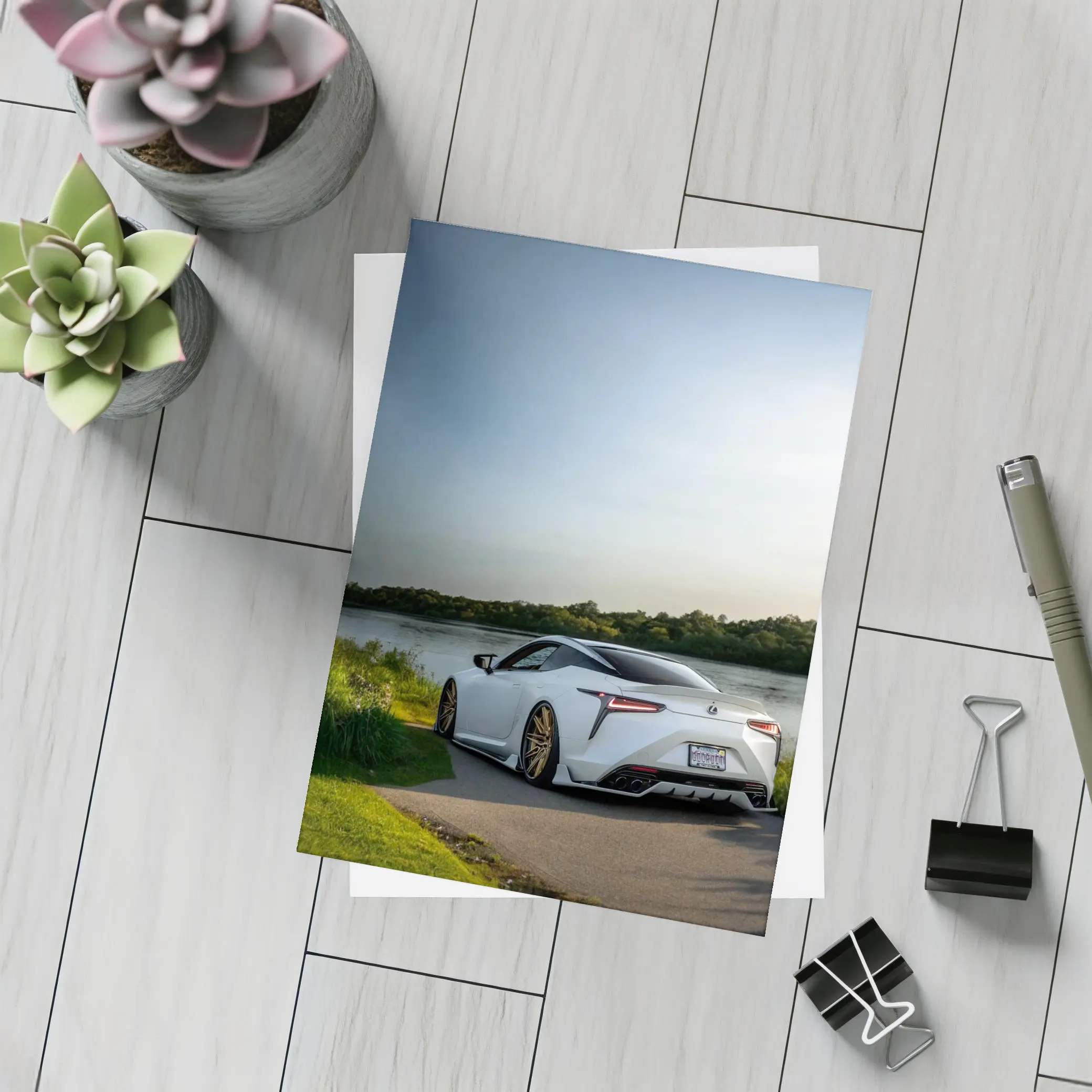 Lexus LC500 White Coupe By Lake – Postcards
