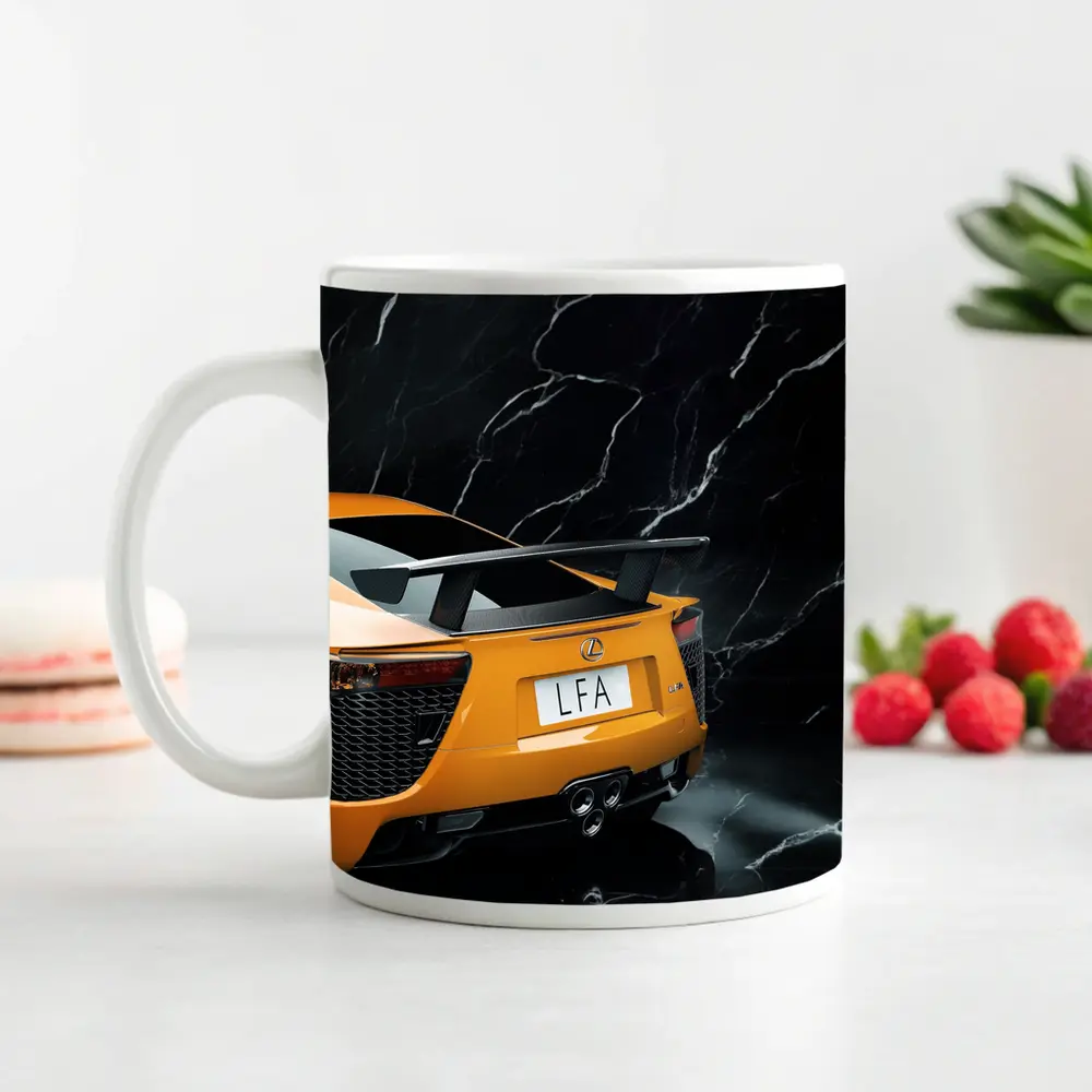 Lexus LFA Rear View Black Marble Background – Mugs