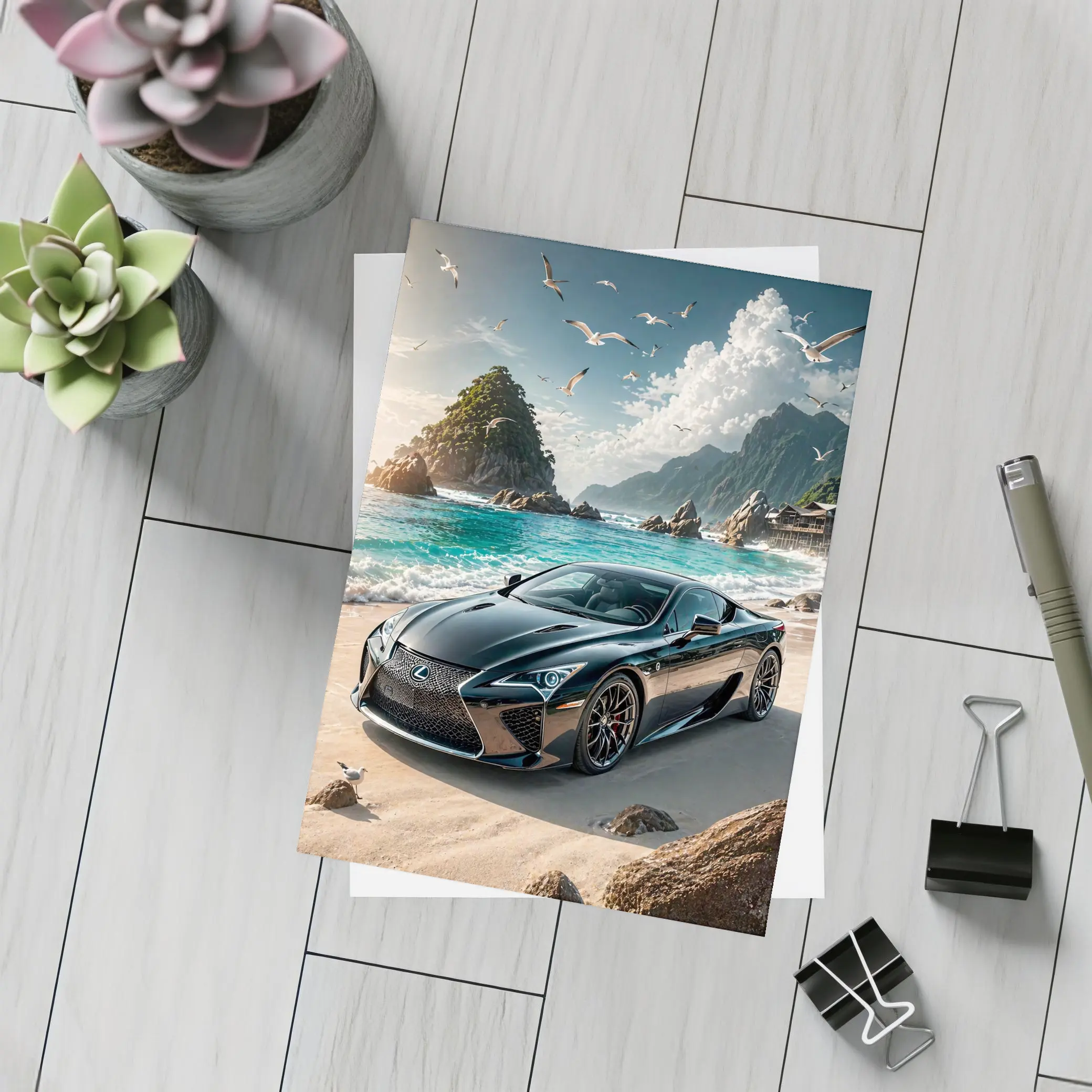 Lexus LC Black Coupe Beach Setting – Postcards