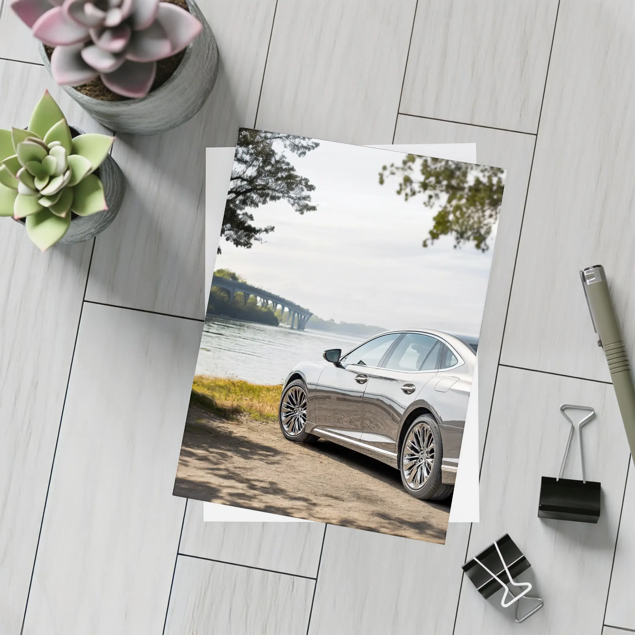 Lexus LS Parked By River Bridge – Postcards