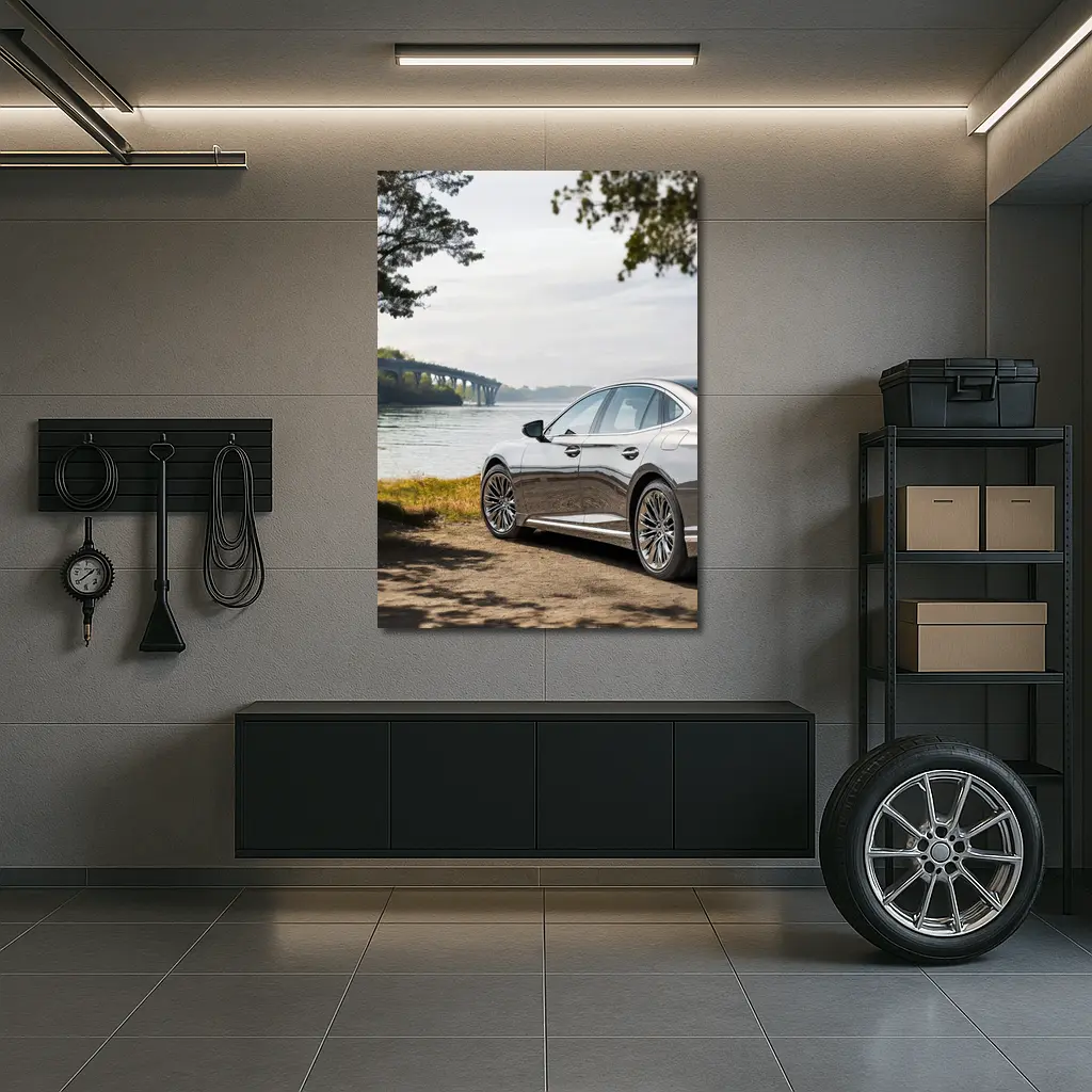 Lexus LS Parked By River Bridge – Wall Art