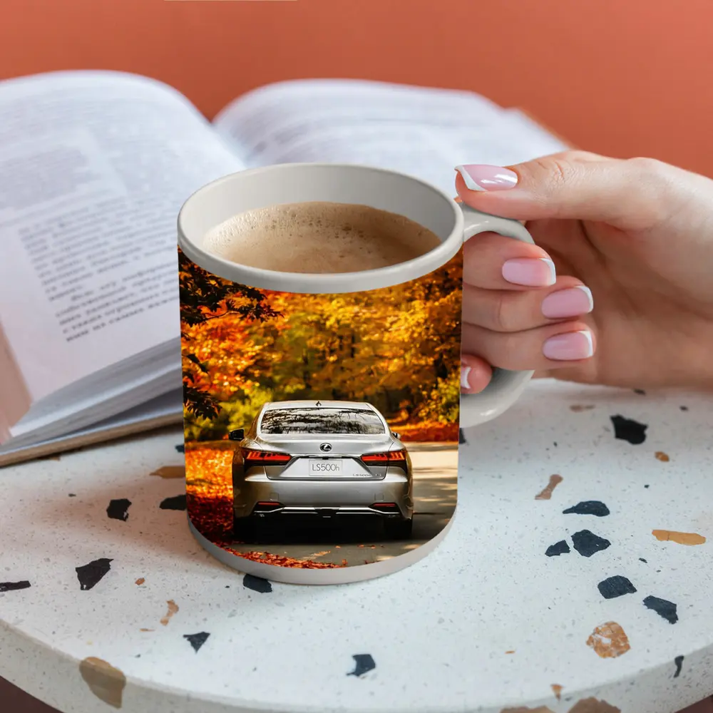Lexus LS500h Silver Sedan Autumn Forest Road – Mugs