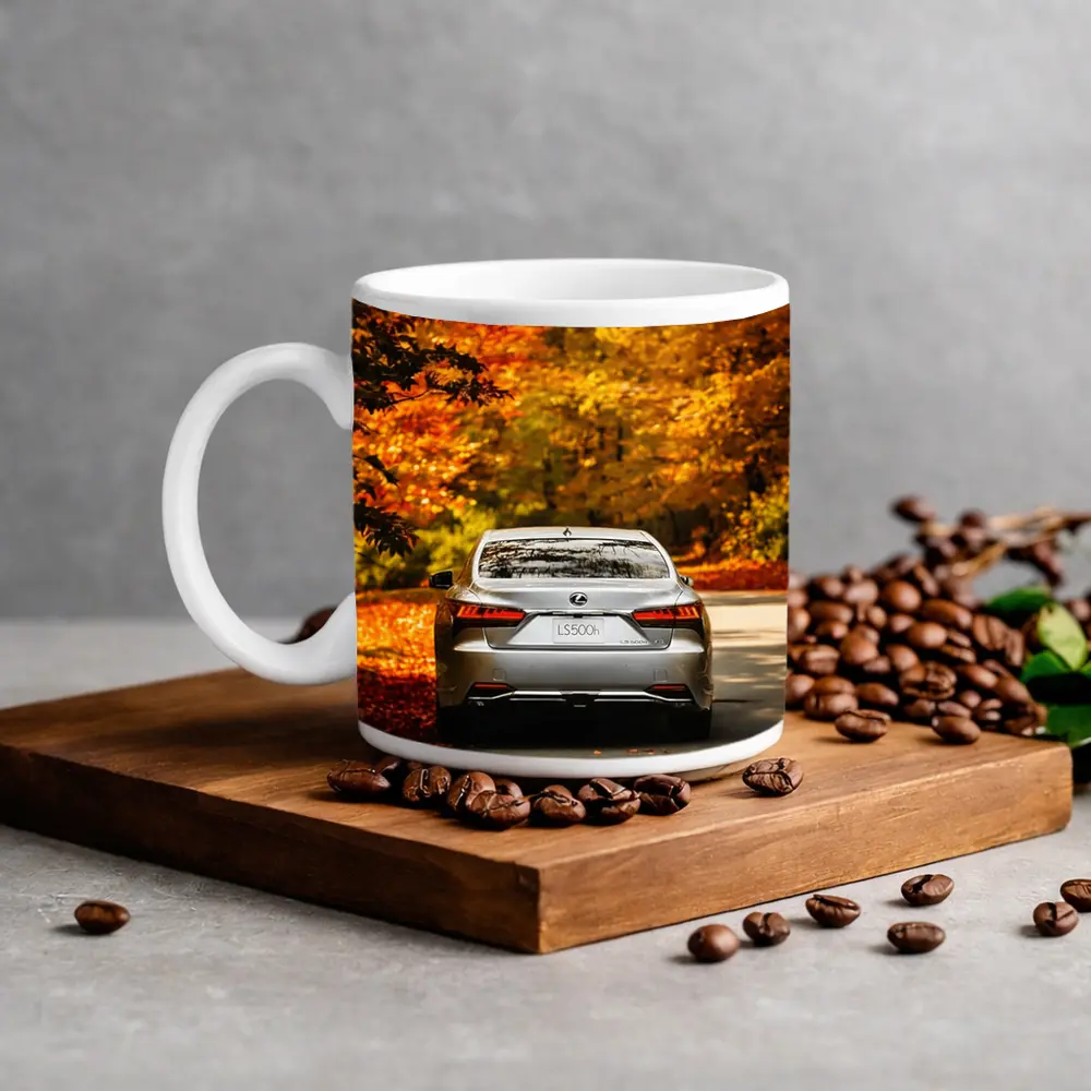 Lexus LS500h Silver Sedan Autumn Forest Road – Mugs