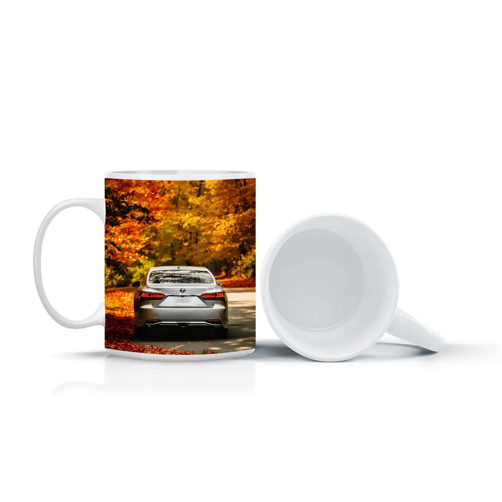 Lexus LS500h Silver Sedan Autumn Forest Road – Mugs