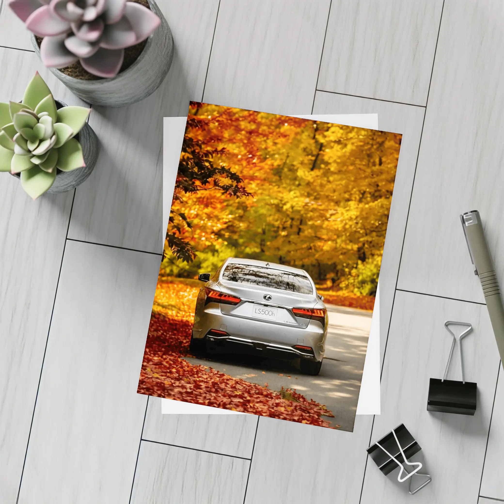 Lexus LS500h Silver Sedan Autumn Forest Road – Postcards