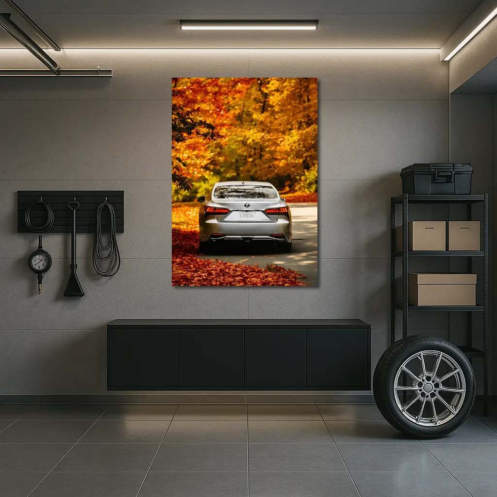 Lexus LS500h Silver Sedan Autumn Forest Road – Wall Art