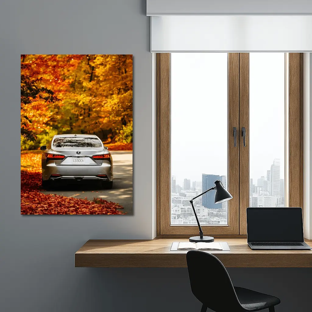 Lexus LS500h Silver Sedan Autumn Forest Road – Wall Art