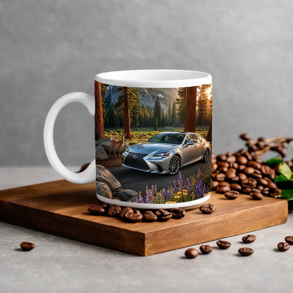 Lexus LS Silver Sedan Forest Mountain Setting – Mugs