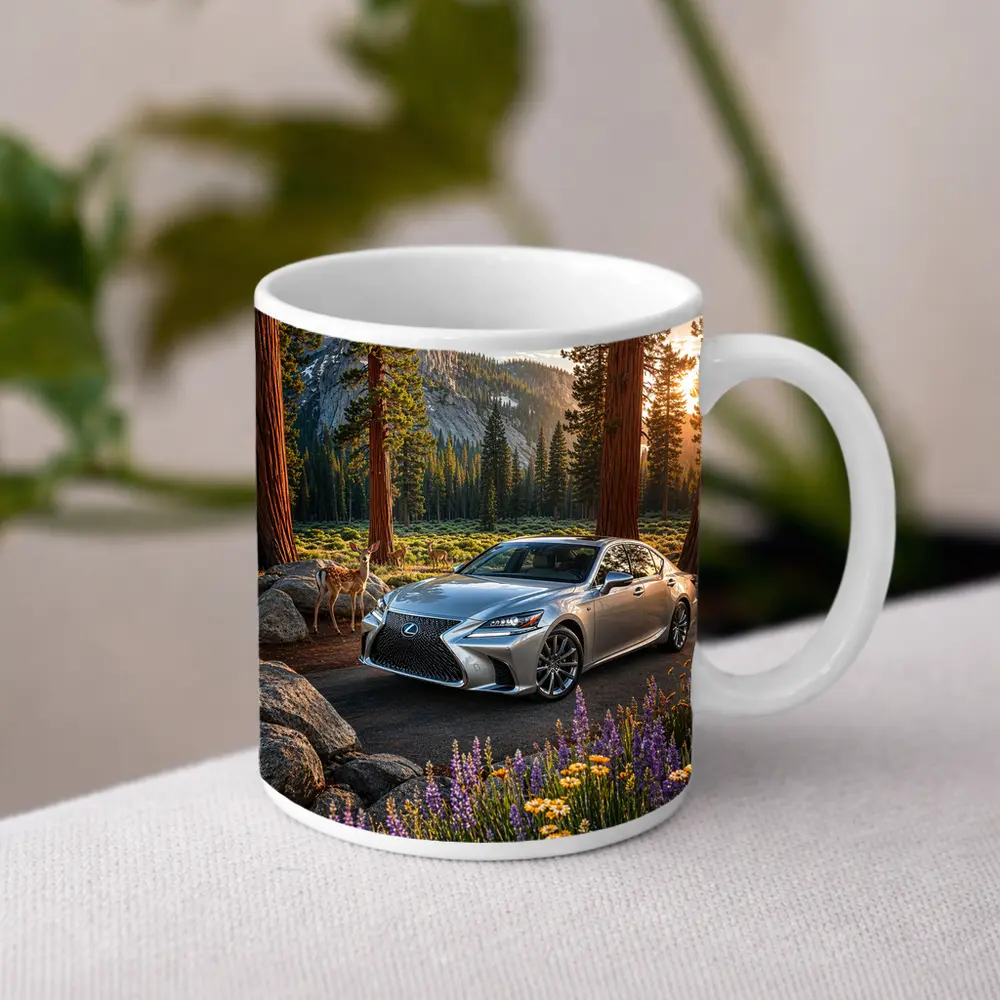 Lexus LS Silver Sedan Forest Mountain Setting – Mugs