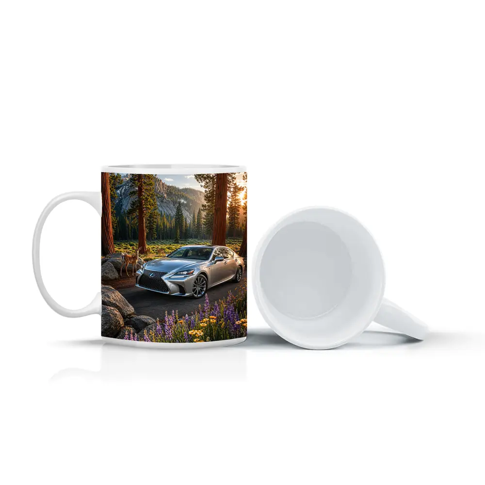 Lexus LS Silver Sedan Forest Mountain Setting – Mugs