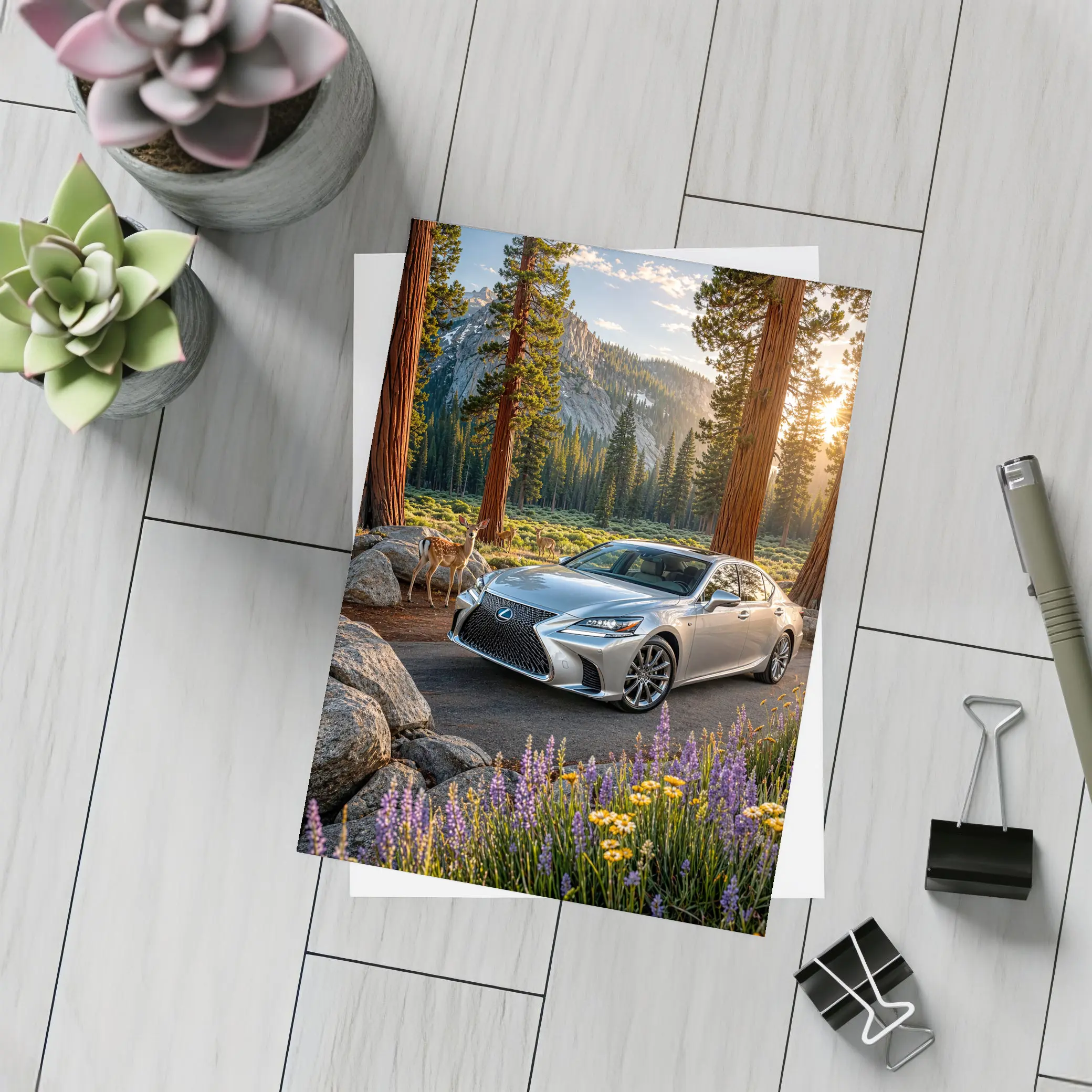 Lexus LS Silver Sedan Forest Mountain Setting – Postcards