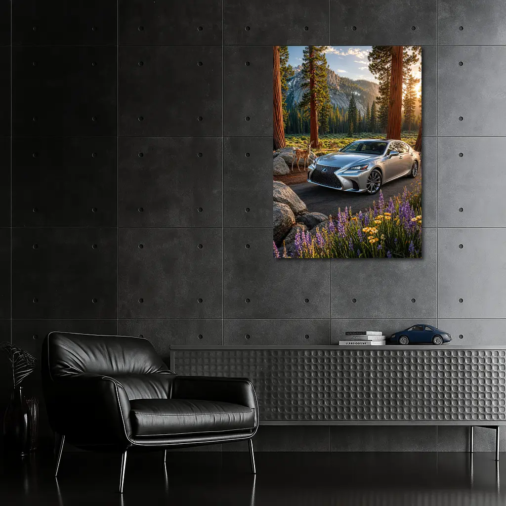 Lexus LS Silver Sedan Forest Mountain Setting – Wall Art