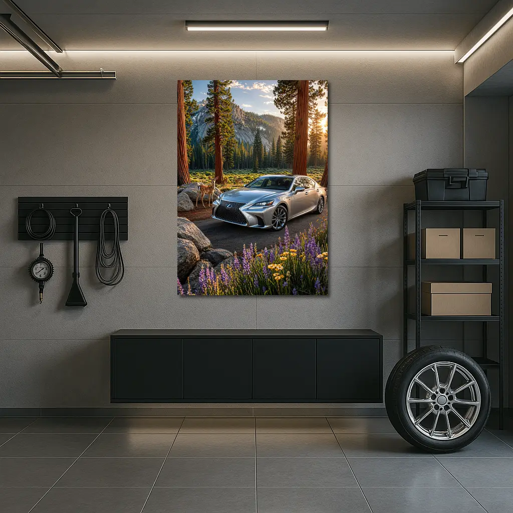 Lexus LS Silver Sedan Forest Mountain Setting – Wall Art