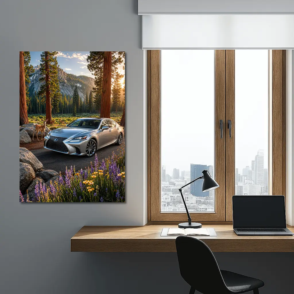 Lexus LS Silver Sedan Forest Mountain Setting – Wall Art