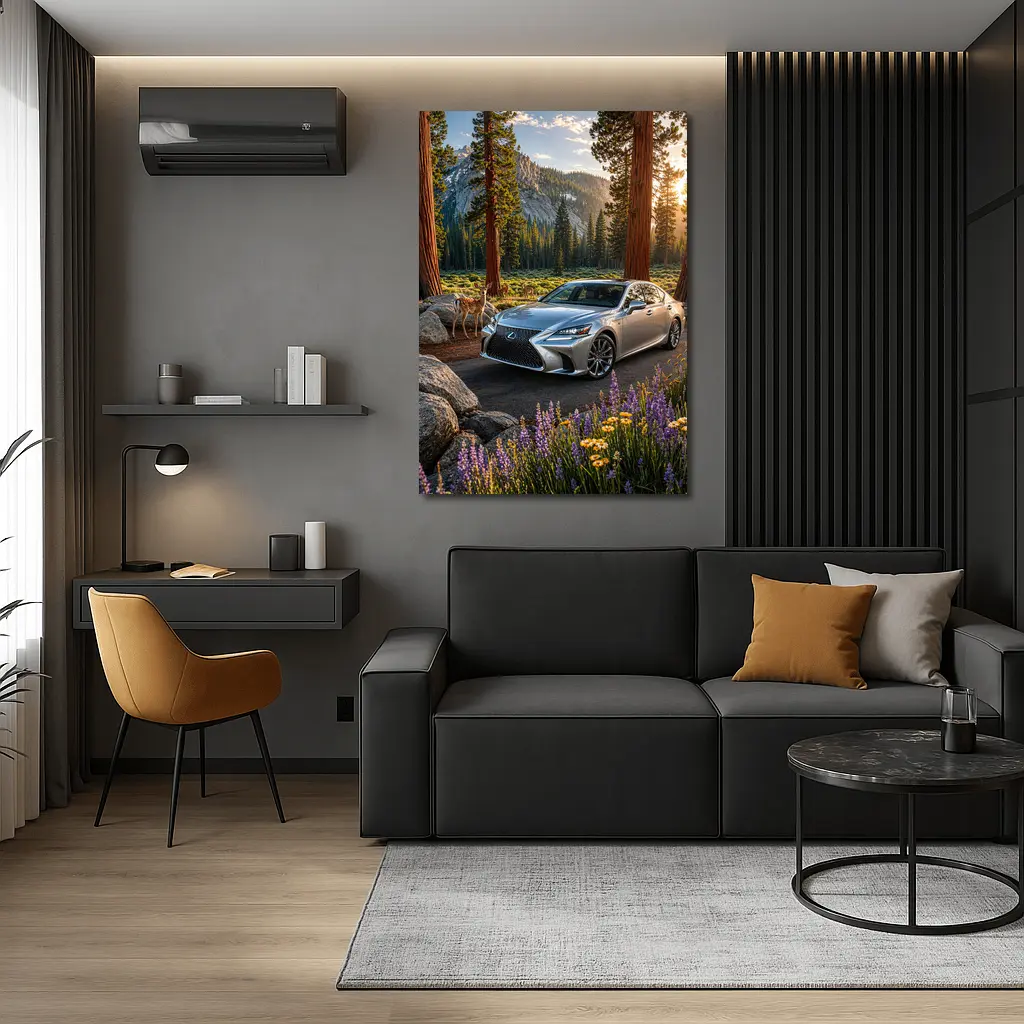 Lexus LS Silver Sedan Forest Mountain Setting – Wall Art