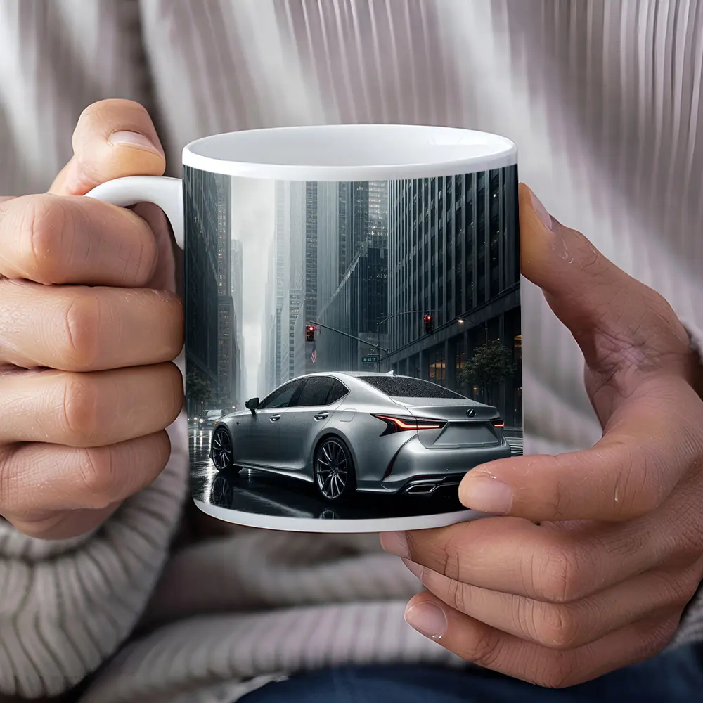 Lexus LS Silver Sedan Rainy City Streets – Mugs