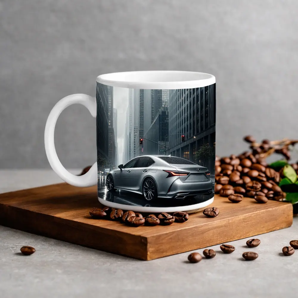 Lexus LS Silver Sedan Rainy City Streets – Mugs