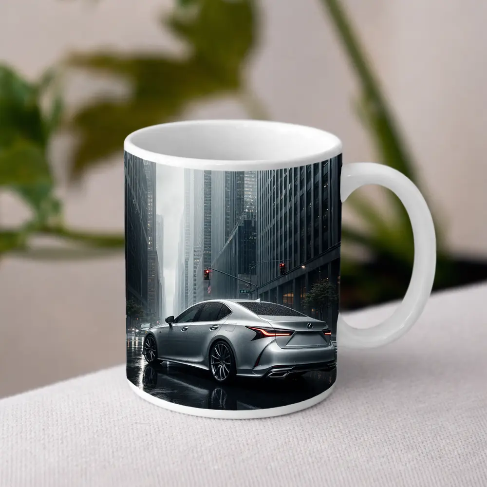 Lexus LS Silver Sedan Rainy City Streets – Mugs