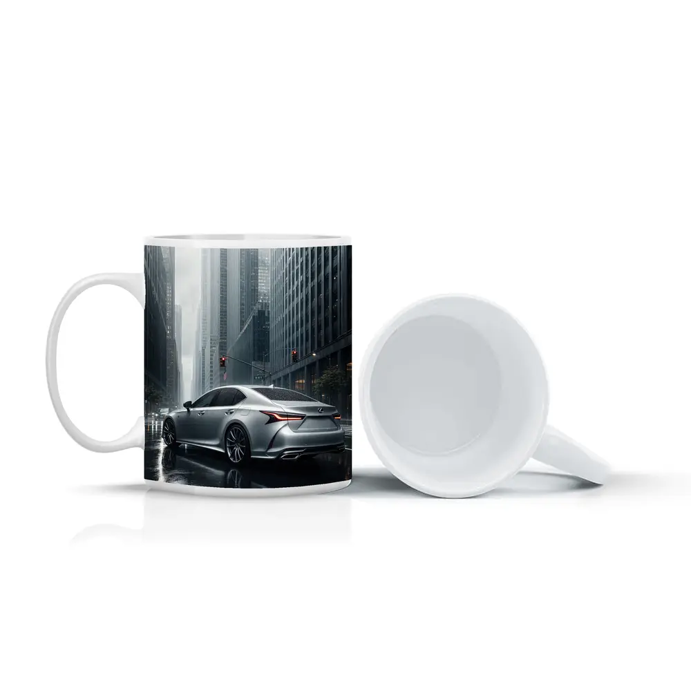 Lexus LS Silver Sedan Rainy City Streets – Mugs