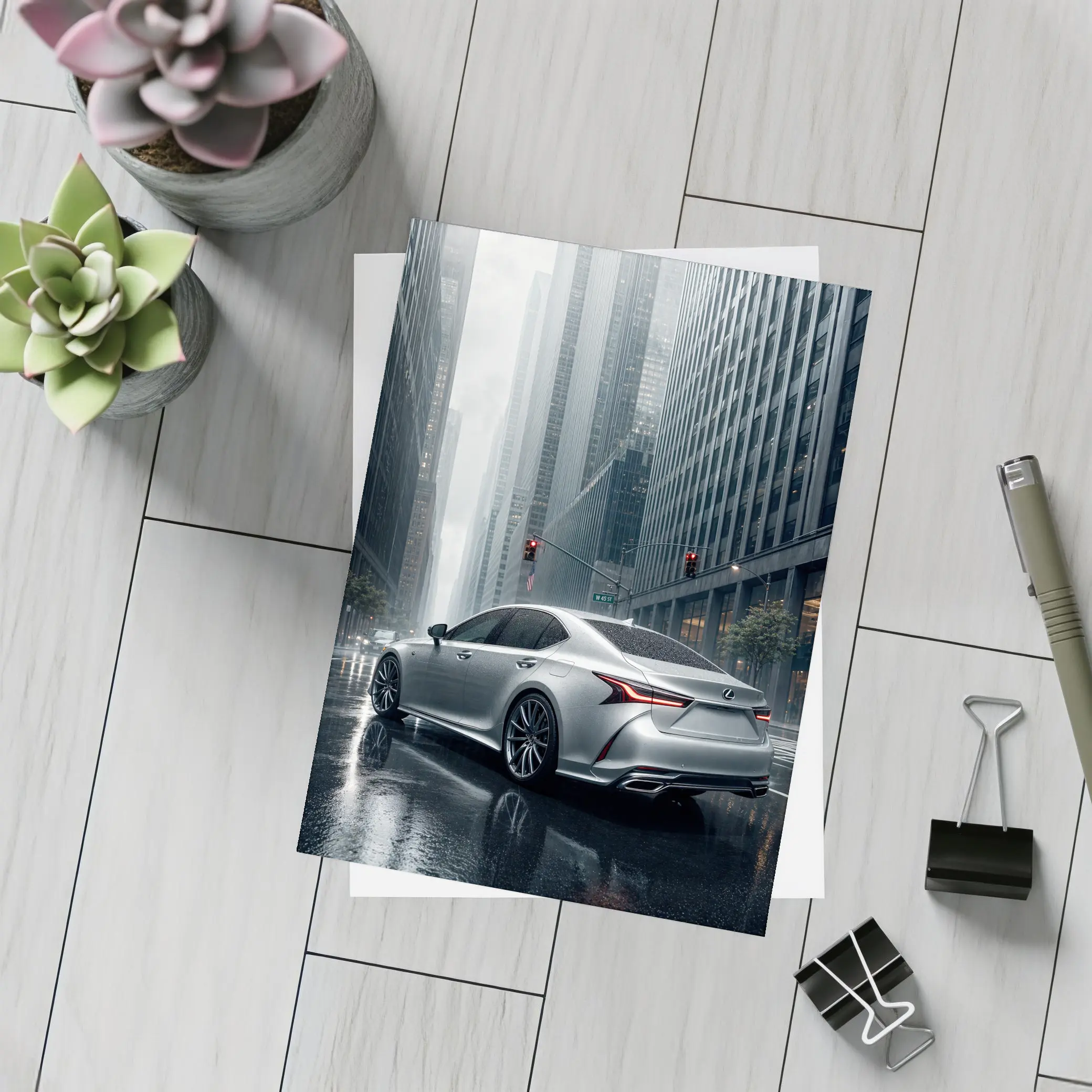 Lexus LS Silver Sedan Rainy City Streets – Postcards