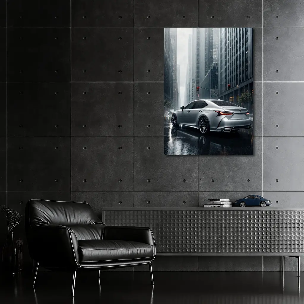 Lexus LS Silver Sedan Rainy City Streets – Wall Art