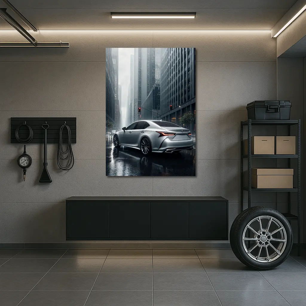 Lexus LS Silver Sedan Rainy City Streets – Wall Art