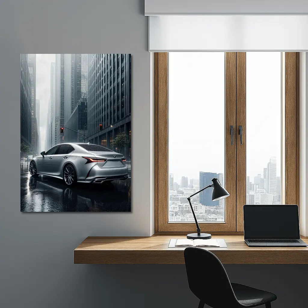 Lexus LS Silver Sedan Rainy City Streets – Wall Art
