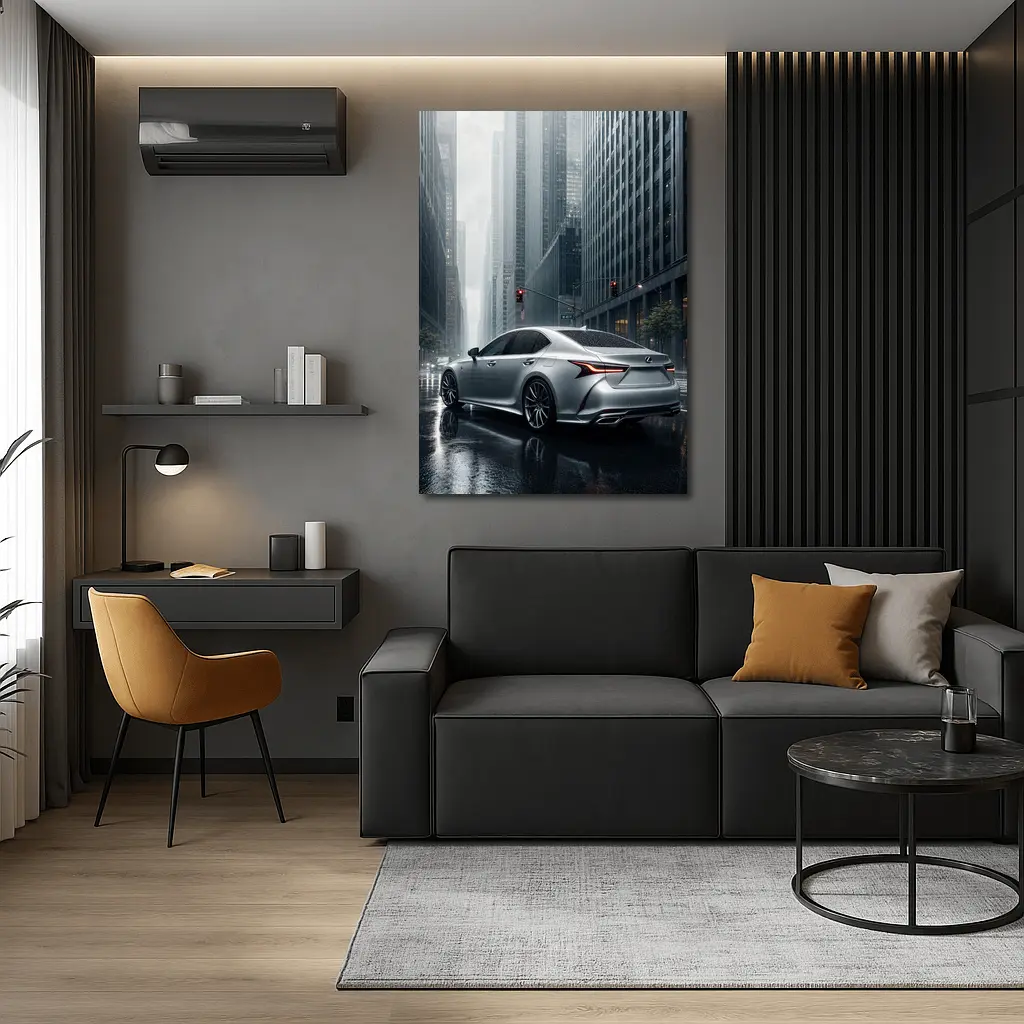 Lexus LS Silver Sedan Rainy City Streets – Wall Art