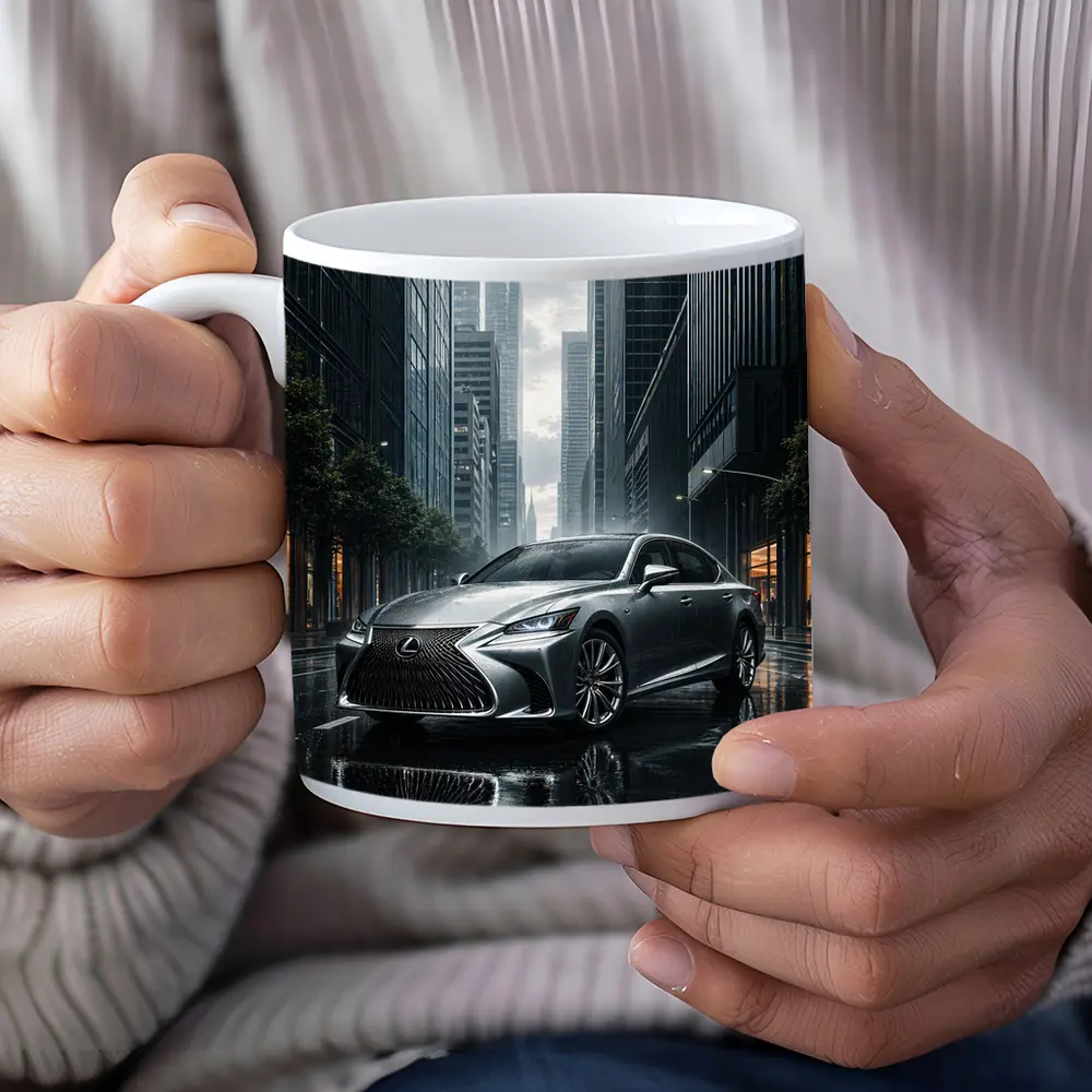Lexus LS Silver Sedan Rainy City Street – Mugs