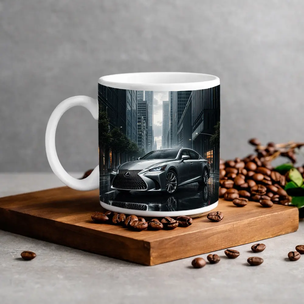 Lexus LS Silver Sedan Rainy City Street – Mugs