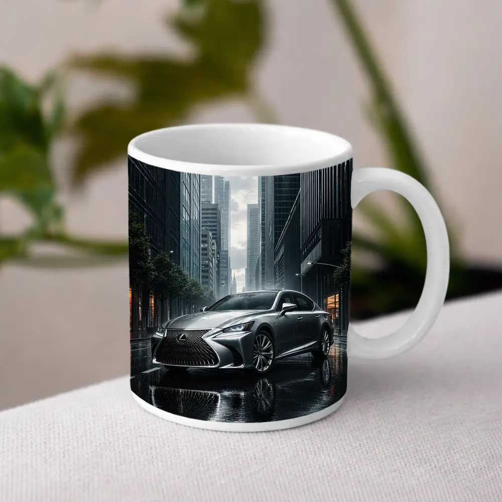 Lexus LS Silver Sedan Rainy City Street – Mugs