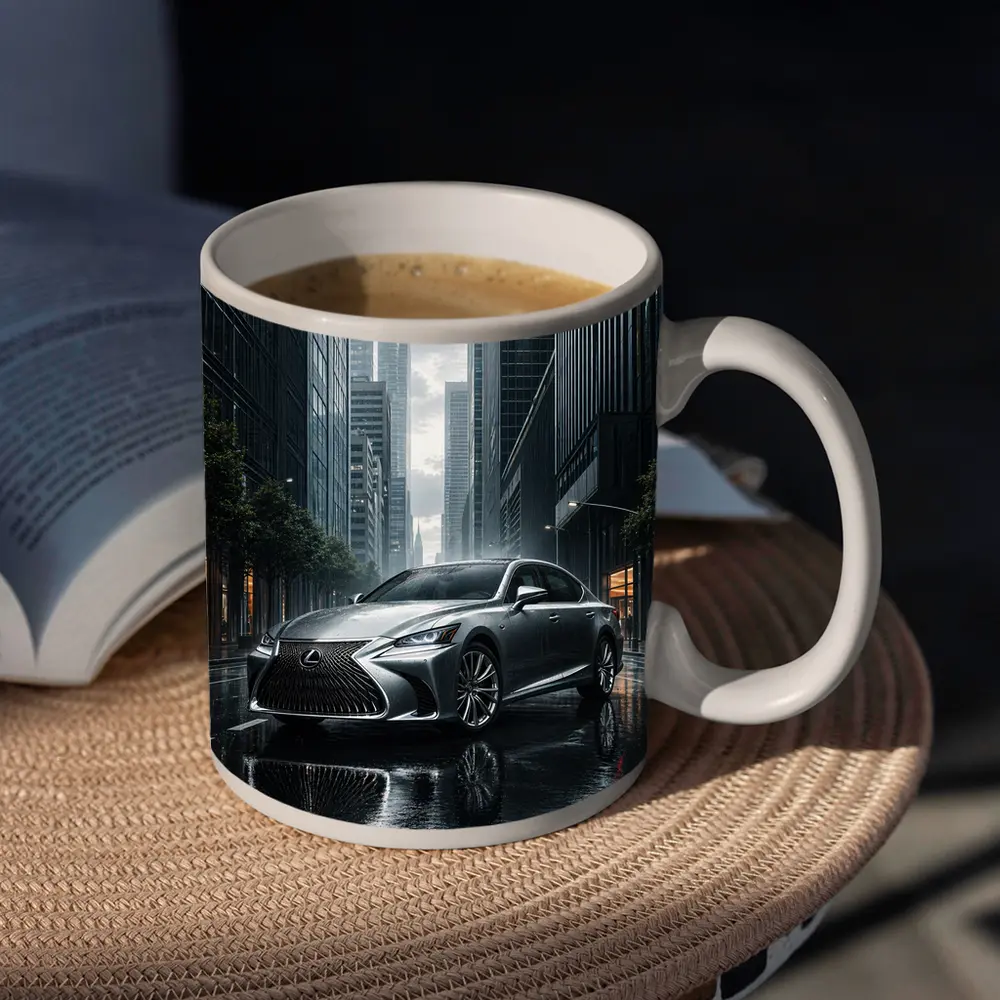 Lexus LS Silver Sedan Rainy City Street – Mugs