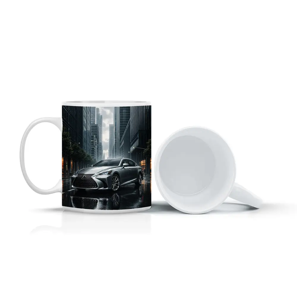 Lexus LS Silver Sedan Rainy City Street – Mugs