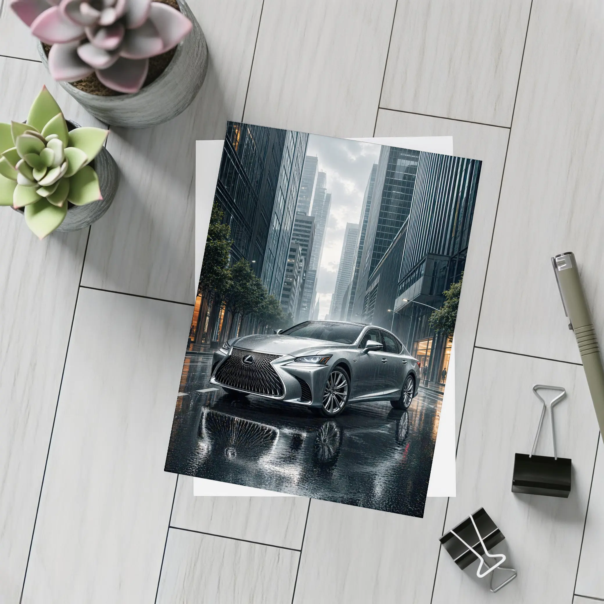 Lexus LS Silver Sedan Rainy City Street – Postcards