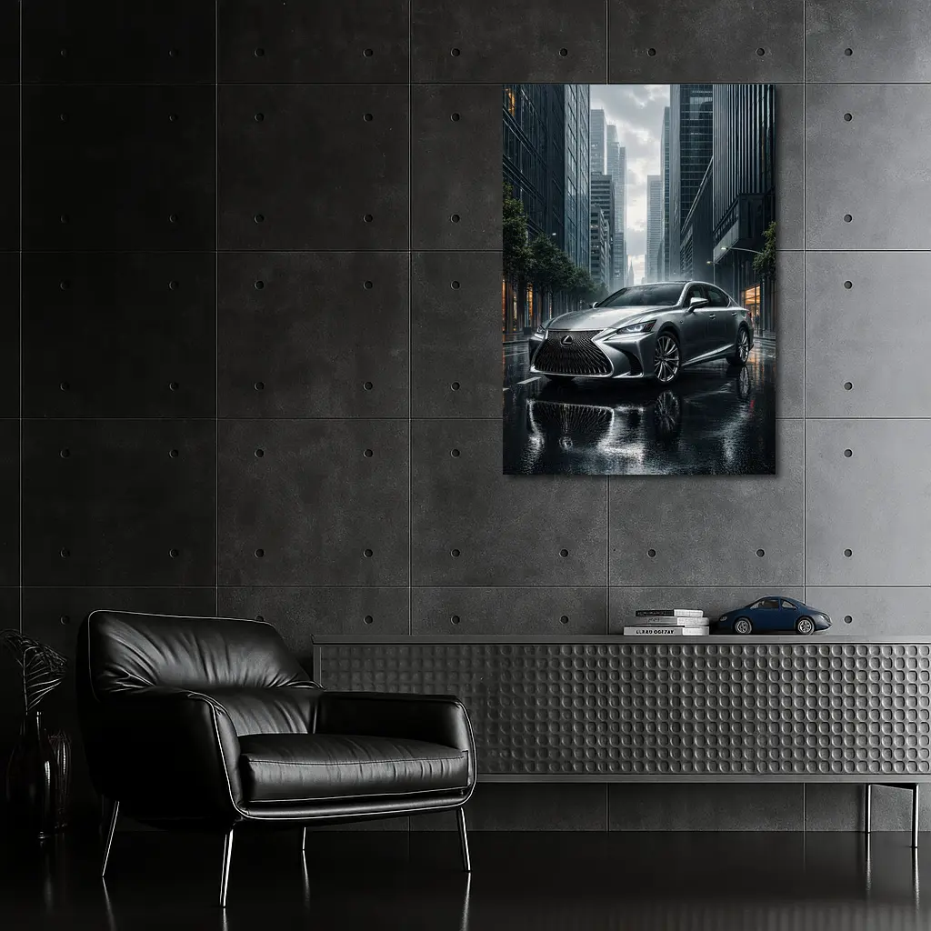 Lexus LS Silver Sedan Rainy City Street – Wall Art
