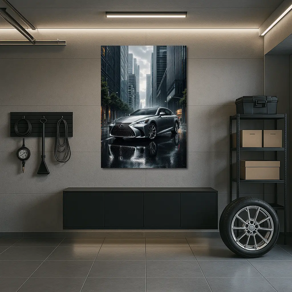 Lexus LS Silver Sedan Rainy City Street – Wall Art