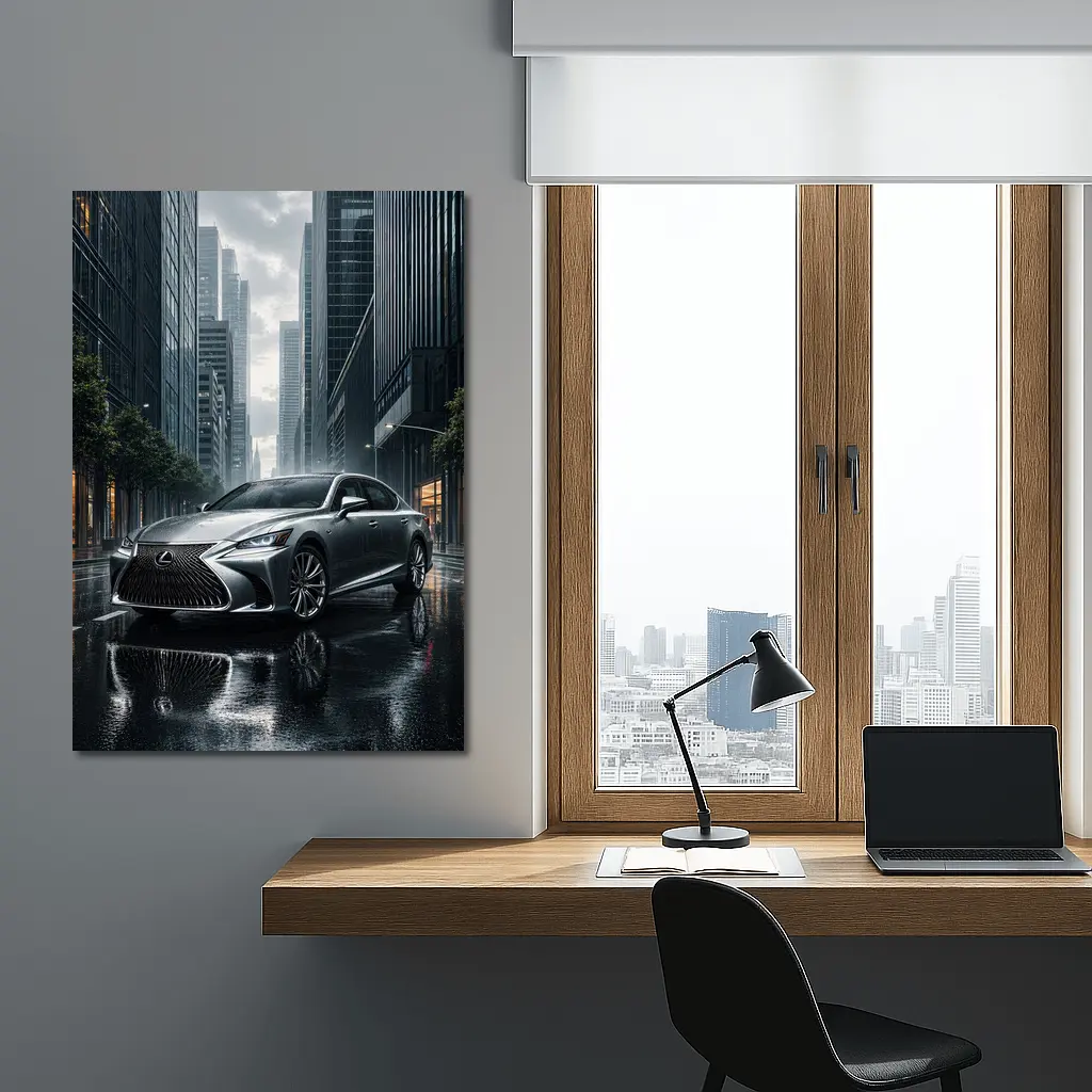 Lexus LS Silver Sedan Rainy City Street – Wall Art
