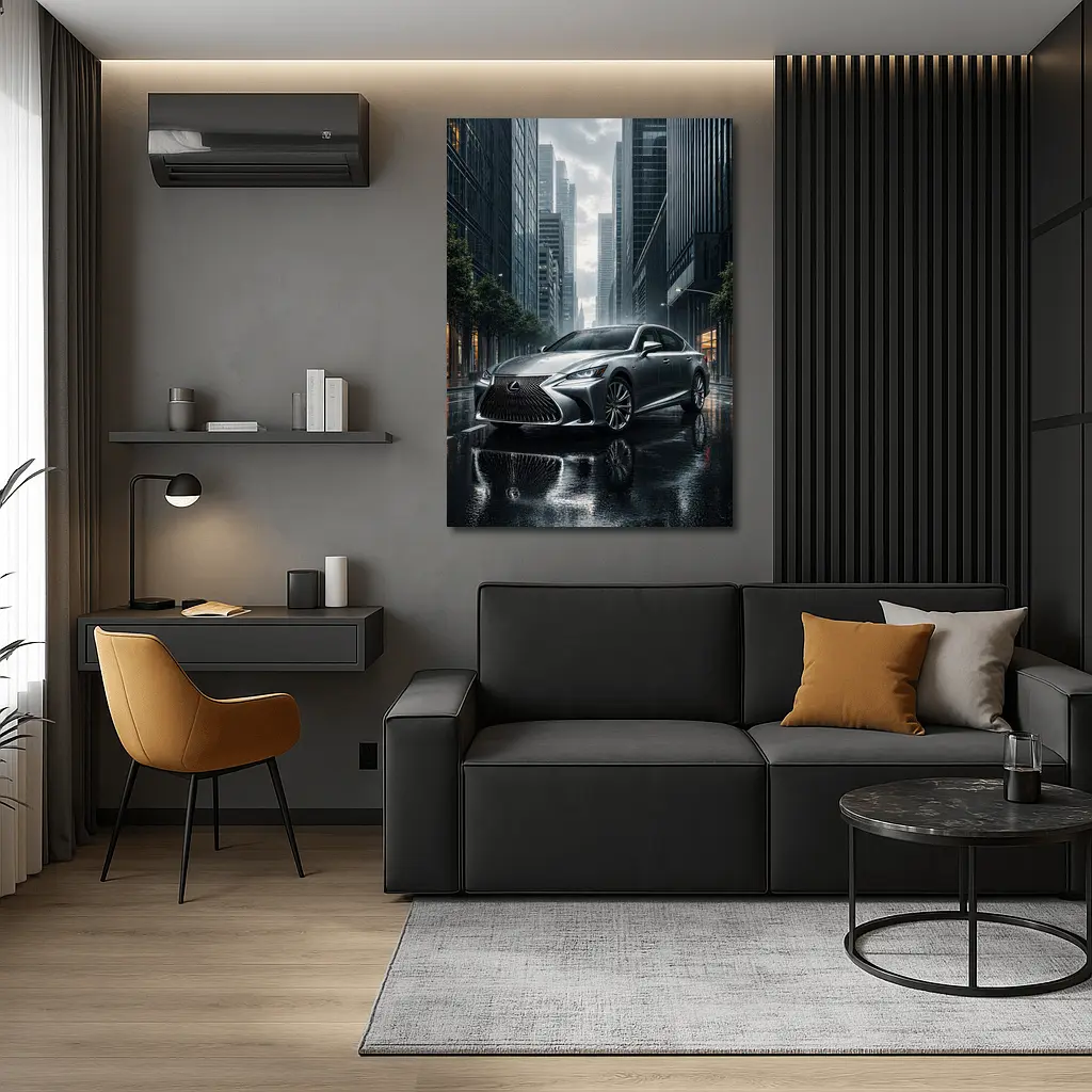 Lexus LS Silver Sedan Rainy City Street – Wall Art