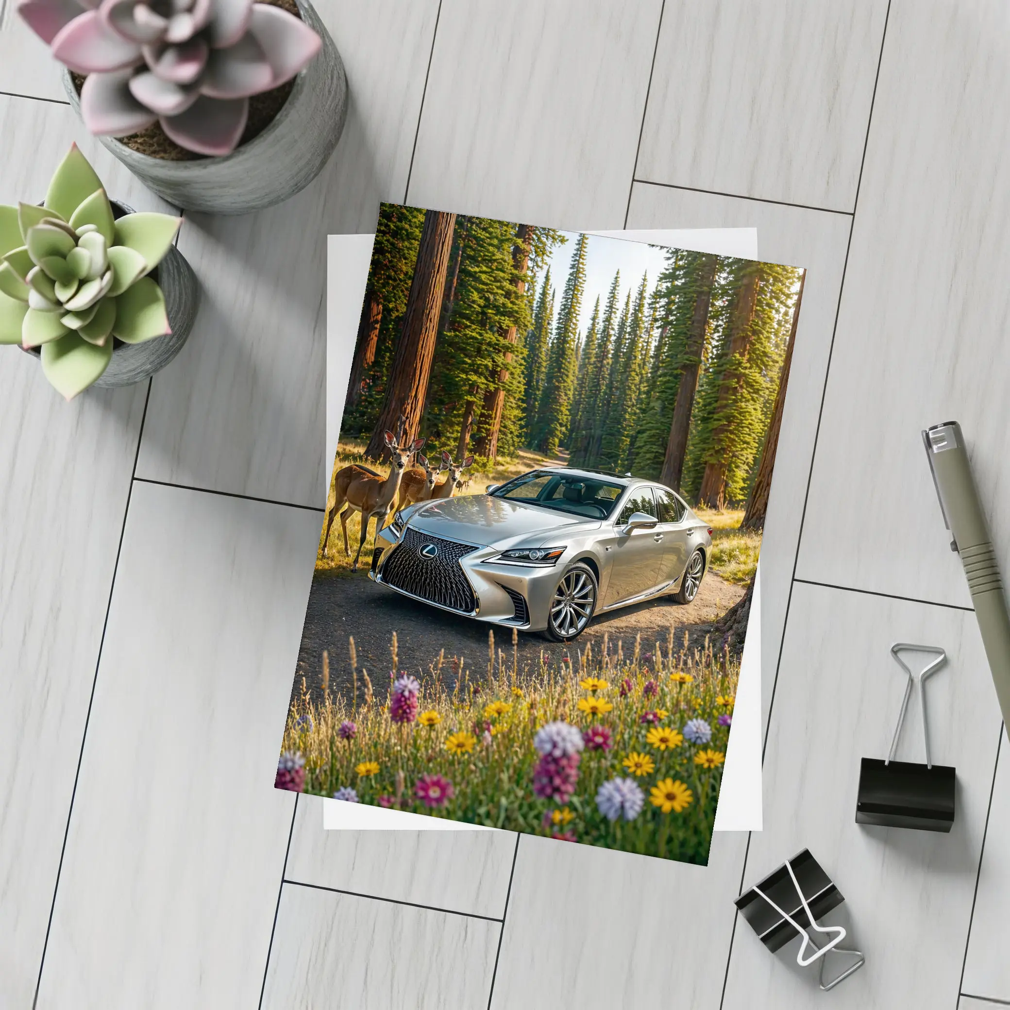 Lexus LS Silver Sedan Forest Deer Setting – Postcards