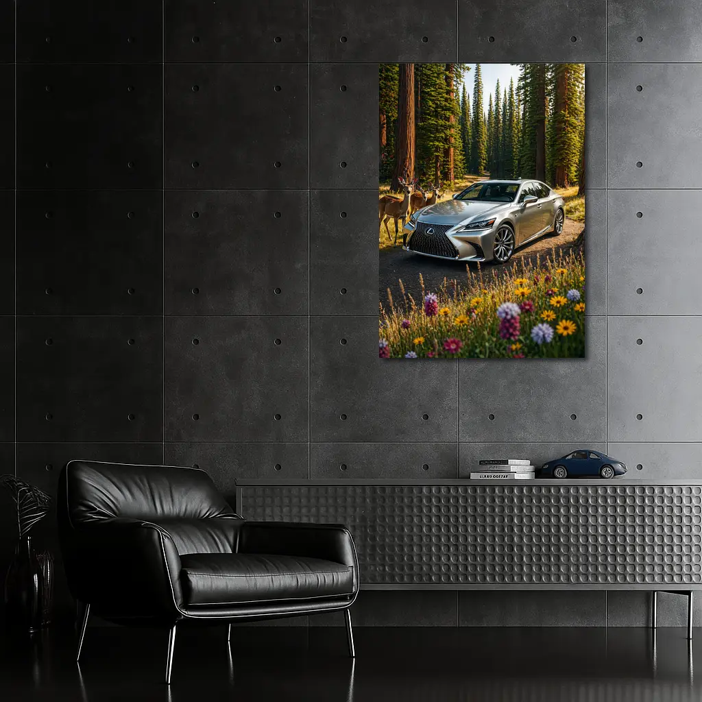 Lexus LS Silver Sedan Forest Deer Setting – Wall Art